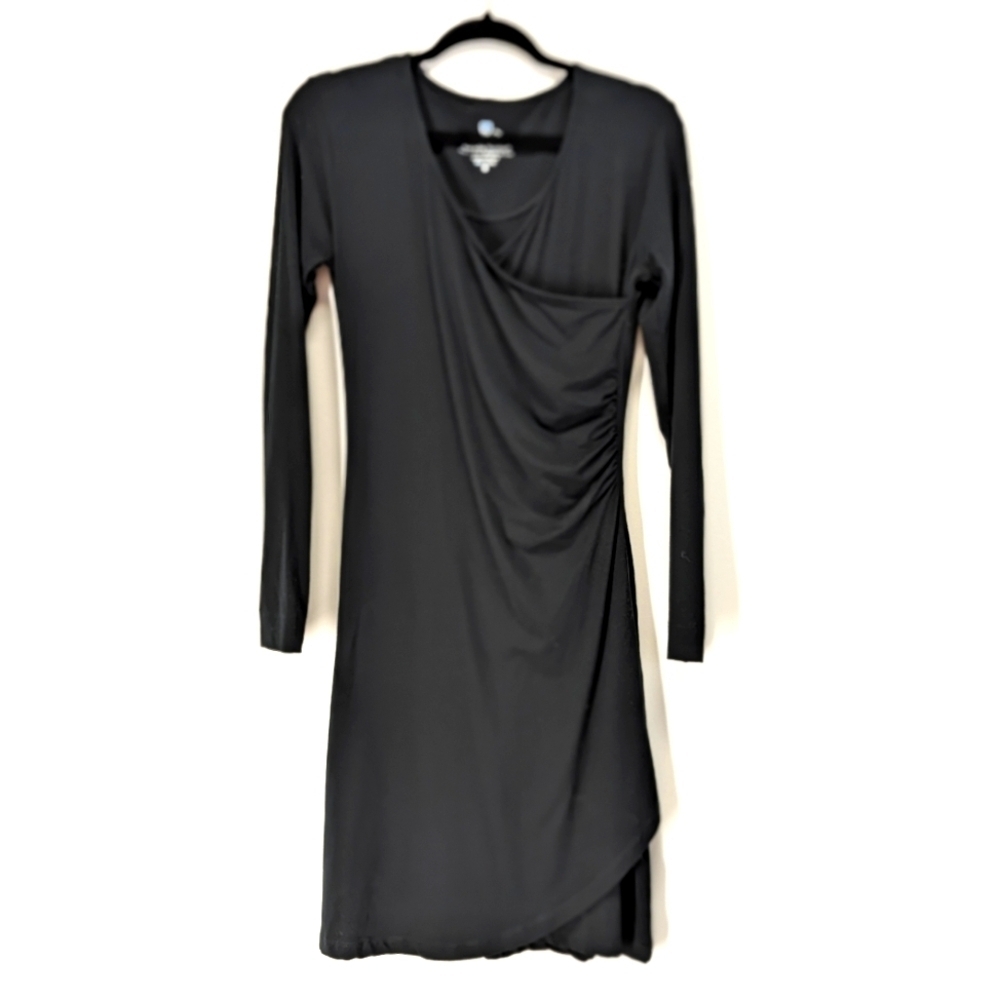 Kuhl Salza Black Midi Dress Faux Wrap Ruched Side M Long Sleeve V Neck
